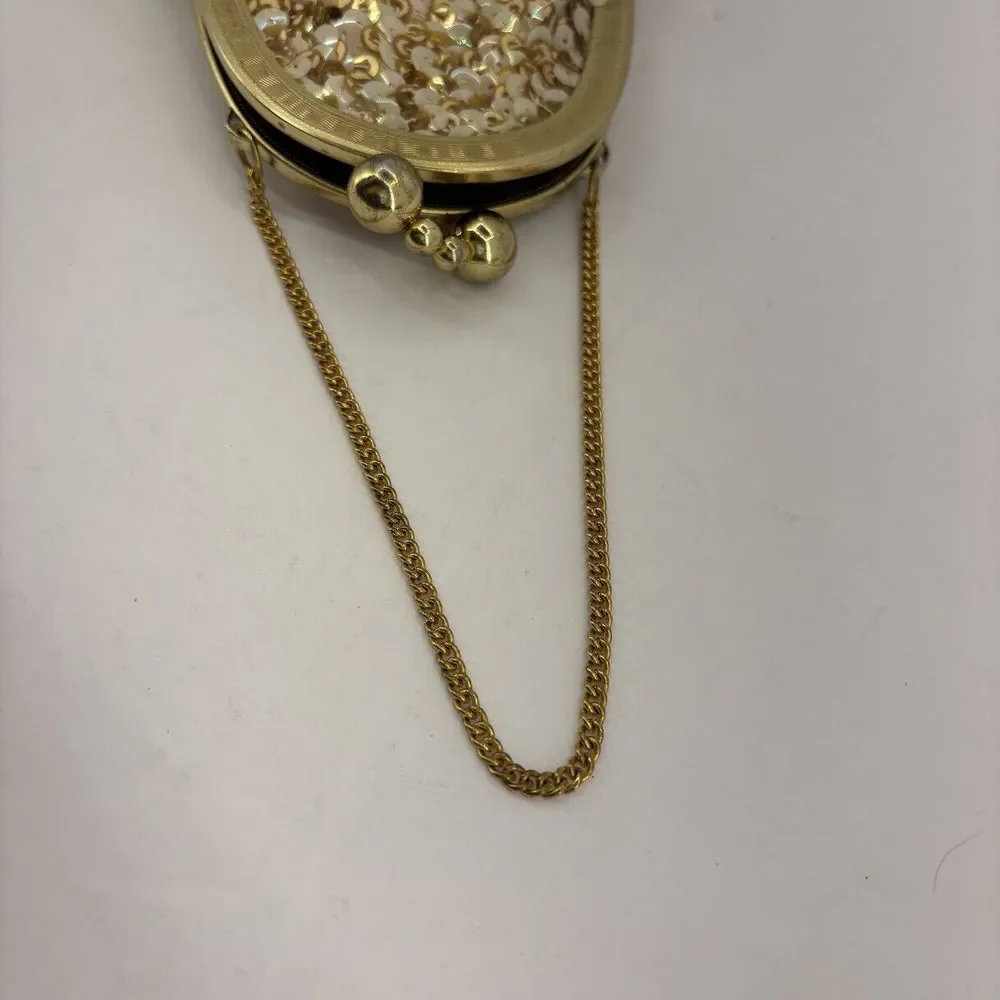 Vintage 1950s Sequin Evening Bag Gold-Iridescent‎ White Metal Frame Purse